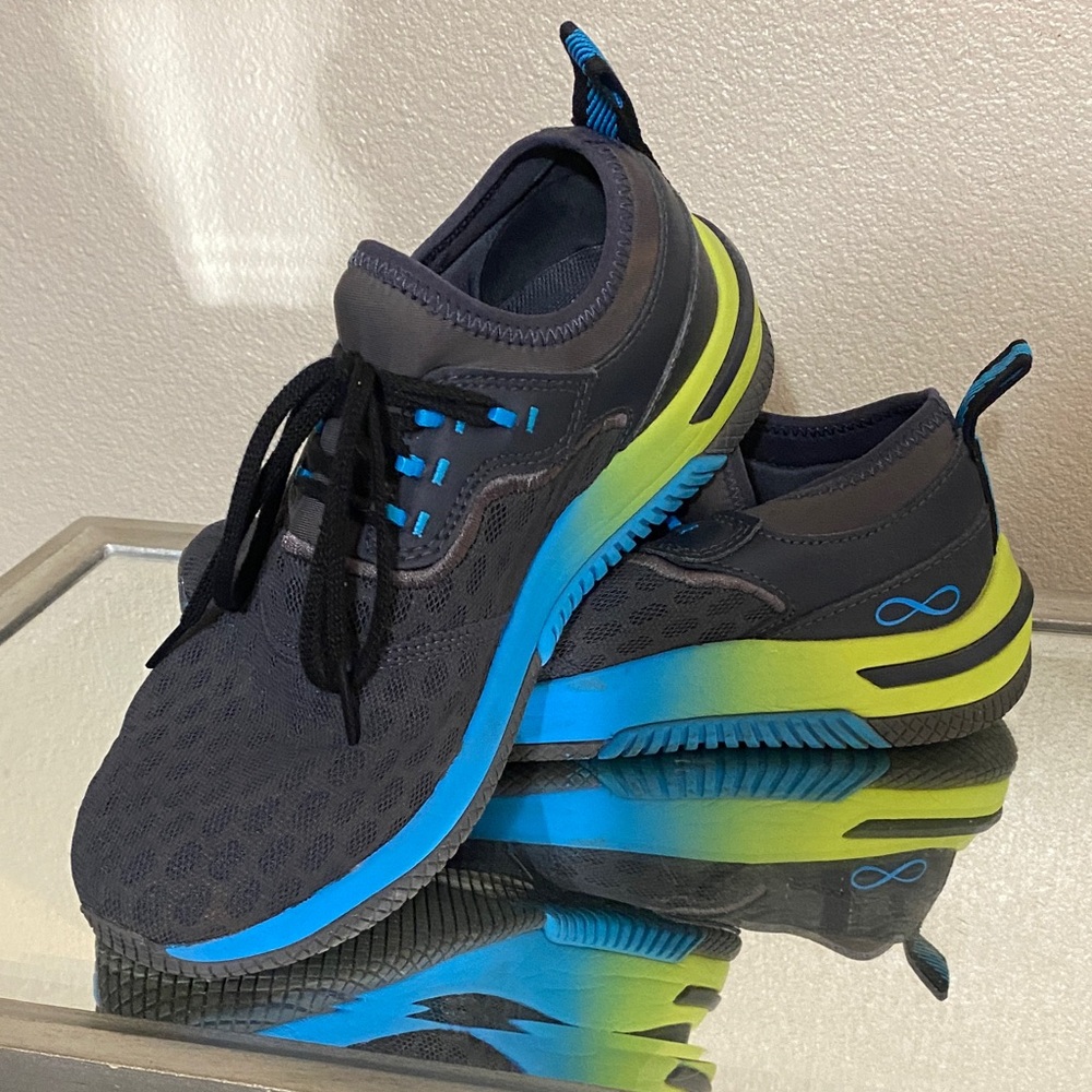 Womens dark charcoal grey & Blue Athletic Sneakers with Neon Accent
